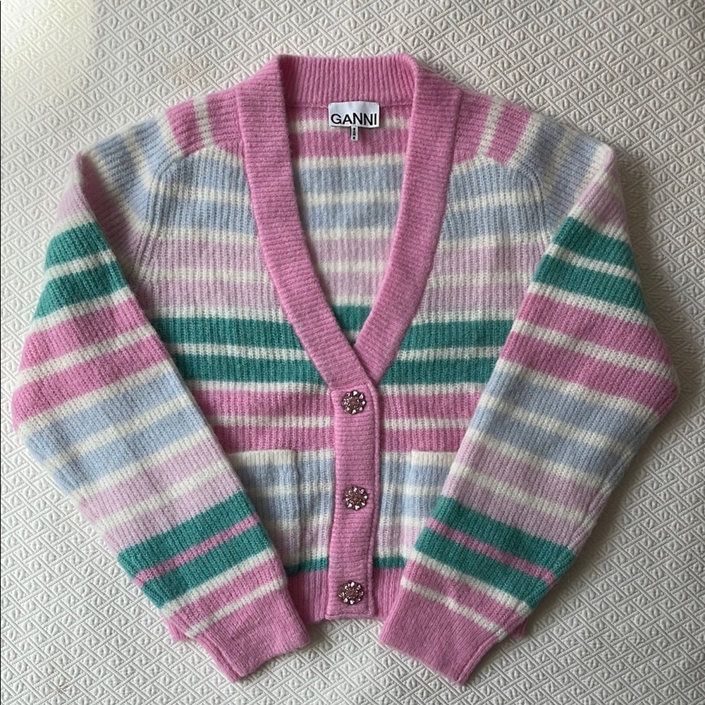 Ganni Pink and Green Striped Cardigan Sweater
